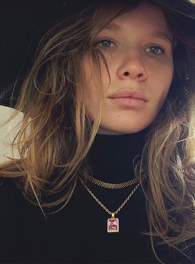 英国粉色宝石吊坠项链女ins镀金