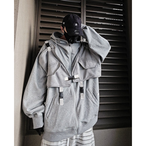 UUCSCC美式复古工装vintage重磅帽衫嘻哈高街机能连帽卫衣外套男 - 图2