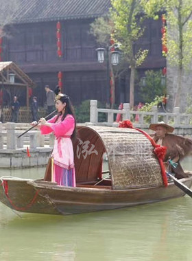 木船渔船乌篷船实木装饰餐饮船手工制作摄影道具观光旅游船景观船
