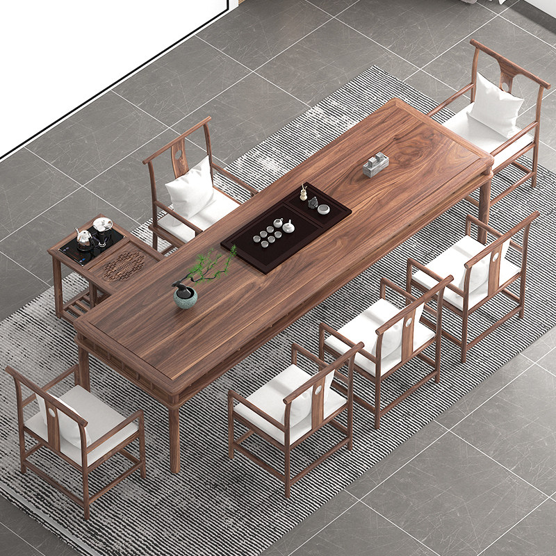轻奢中式全胡桃木泡茶桌椅组合实木客厅茶桌办公室茶水桌椅子组合 - 图1