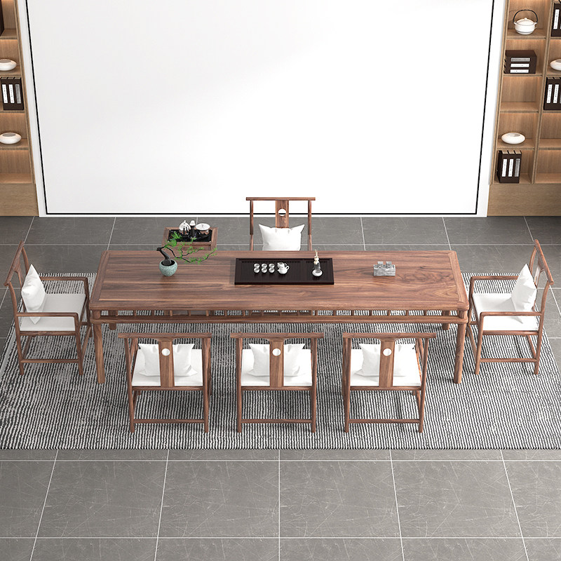 轻奢中式全胡桃木泡茶桌椅组合实木客厅茶桌办公室茶水桌椅子组合 - 图2