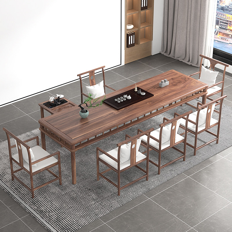 轻奢中式全胡桃木泡茶桌椅组合实木客厅茶桌办公室茶水桌椅子组合 - 图0