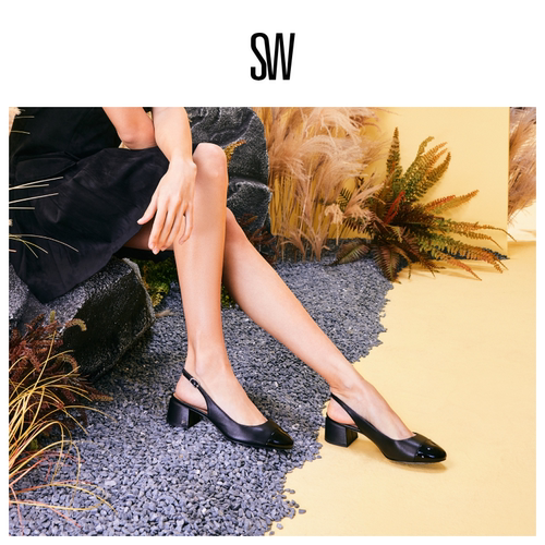 SW GABBY 45 SLINGBACK 25新款杏仁圆头方跟露跟高跟鞋女浅口单鞋 - 图0