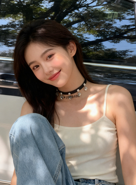 Vintage复古黑色牛皮爱心水晶吊坠颈圈项链女新品百搭简约ins港风