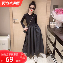 Girl Black Dress Dress Autumn Dress 2023 New Ocean Qi Children Splicing Long-sleeved Casual Female Large Child Dresses Bottom Skirt