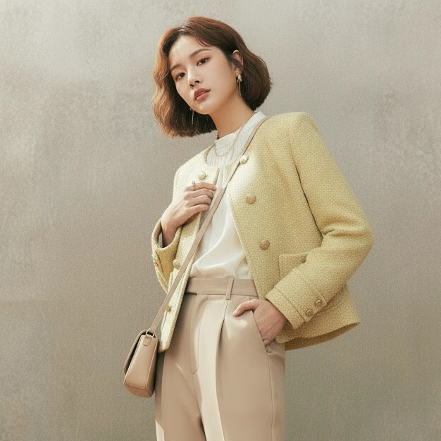 2025冬季法式复古小香风双排扣宽松短外套女优雅花纱及臀款 - 图2