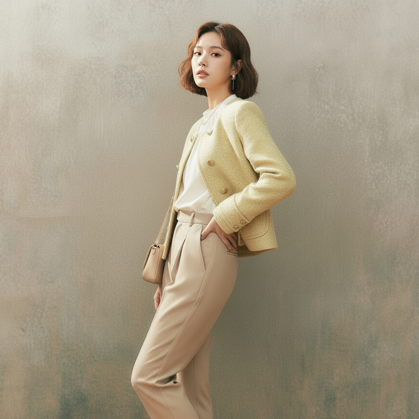 2025冬季法式复古小香风双排扣宽松短外套女优雅花纱及臀款 - 图0