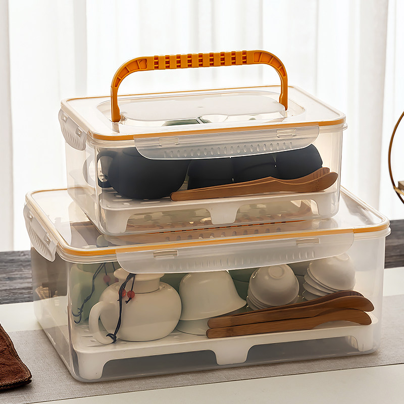 Tea set storage box dustproof transparent kung fu teapot finishing box with lid drain tea cup storage box tea utensil storage box