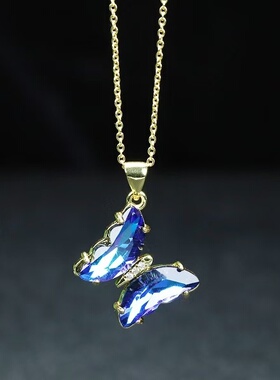 蓝水晶吊坠四件套 女生水晶项链 蝴蝶戒指时尚水晶耳钉生日礼物