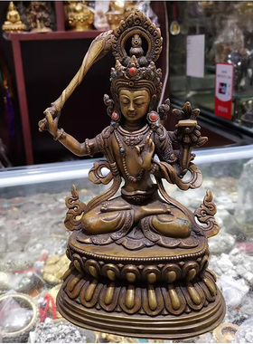 精美尼泊尔进口纯铜做旧佛像 文殊菩萨 7寸高约22cm 文殊师利