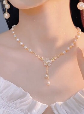 法式优雅花朵珍珠项链女