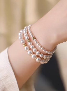 珍珠手链女不掉色极细金珠子珍珠手链女正圆弹力绳米珠叠戴手串饰