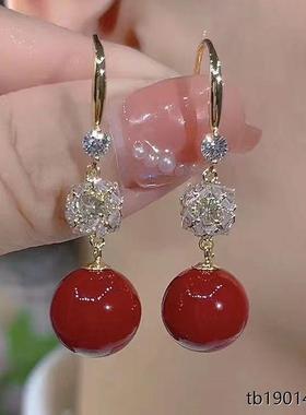 新款复古红色珠珠耳环女