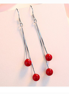 韩国气质s925耳坠女长款耳钉个性流苏耳饰品简约珍珠樱桃超仙耳环