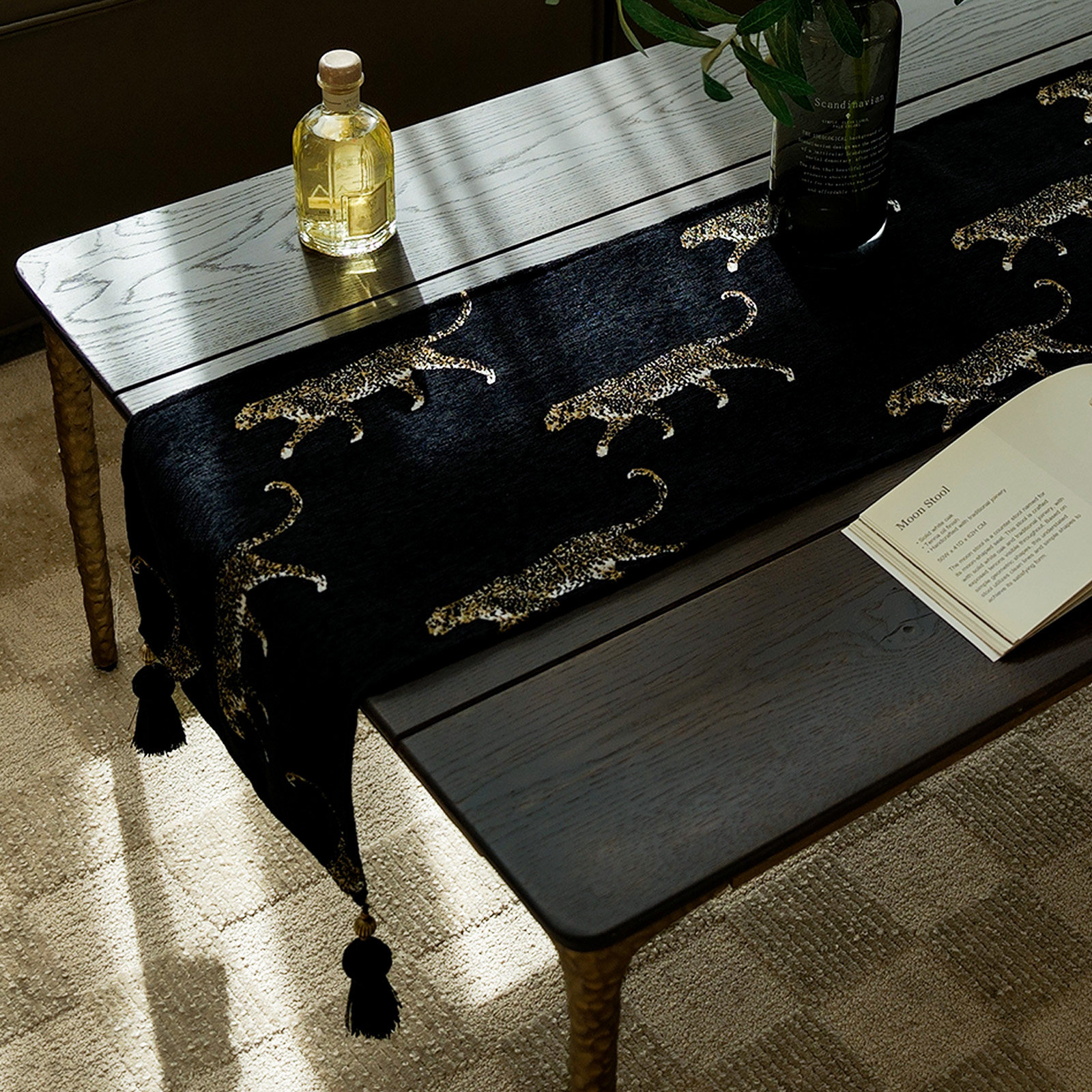 黑底金豹提花桌旗布艺流苏长条形电视柜桌布防尘防水鞋柜盖巾盖布,淘宝优惠券,粉丝福利购,淘宝优惠卷