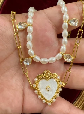 创意欧式经典宫廷风白贝母吊坠轻奢气质双层叠戴项链精致锁骨链子