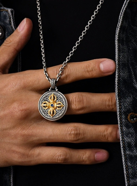 创意新款小众设计千叶十字金刚杵云纹吊坠男泰银圆牌藏传文化饰品