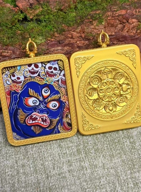 西藏热贡半手绘描金唐卡六臂玛哈嘎拉大黑天挂件手工描金唐卡饰品