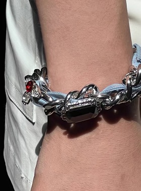 牛仔蓝布重工金属链条黑色水晶土星锁骨链多巴胺颈链项链