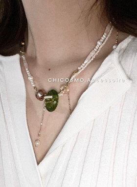 原创复古风绿琉璃几何吊坠珍珠金链项链2025年新品小众设计颈链女