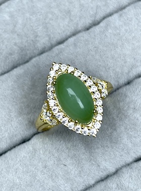 纯天然俄罗斯和田玉碧玉戒指 S925银镀金满圈镶钻设计 活口可调节