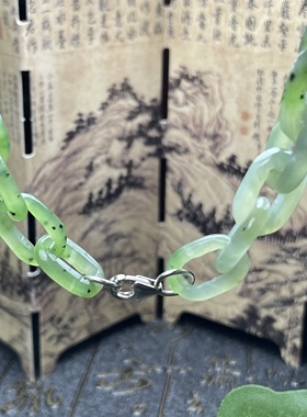 天然和田玉碧玉手链俄七号坑老料苹果绿手串 纯手工雕刻 925银扣