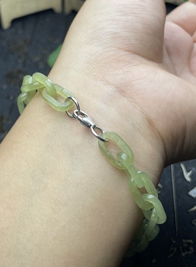 新疆和田玉若羌黄口手链纯手工雕刻链条手串 925银扣头收藏特色件