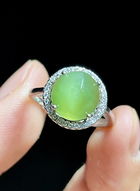 天然和田玉碧玉猫眼素面银镶戒指 S925银开口可调节 简约百搭女戒