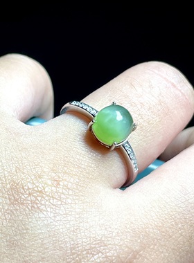 猫眼和田玉碧玉开口戒 天然苹果绿无矿点 S925银镶简约设计款指戒
