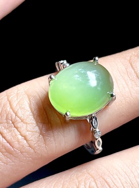 新款天然和田玉碧玉猫眼银镶戒指 S925银托素面简约款 活口可调节