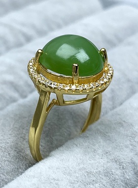 纯天然俄罗斯和田玉无黑点碧玉戒指 S925银镀金满圈满钻设计简约