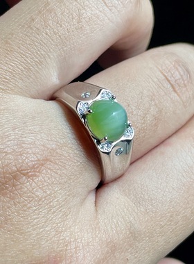 天然和田玉S925银镶碧玉戒指 俄罗斯老料猫眼碧玉蛋面 无黑点带猫