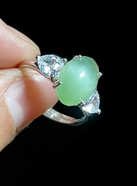 天然和田玉碧玉猫眼戒指 S925银镶老坑料碧玉蛋面 可调节活口设计