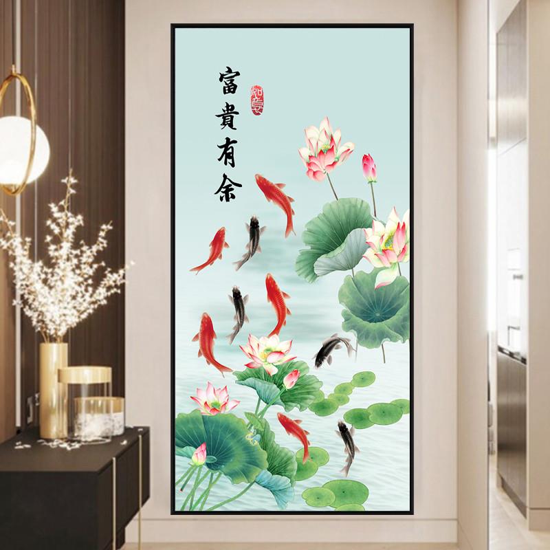 玄关走廊装饰画入户过道荷花自粘壁画中式贴画竖版现代山水墙贴画-图2