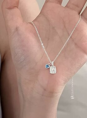情人节闺蜜S不规则方形纹理项链女简约甜美蓝色锆石爱心锁骨链