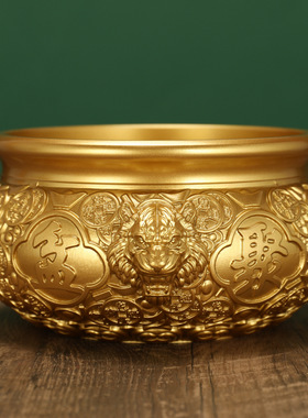 全黄铜加厚钱币聚宝盆家居办公室玄关浮钱币聚宝盆铜米缸摆件