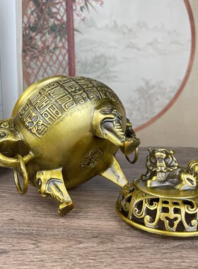 仿古做旧盘香炉黄铜熏香炉百寿狮子炉家居熏香香炉茶道工艺品摆件
