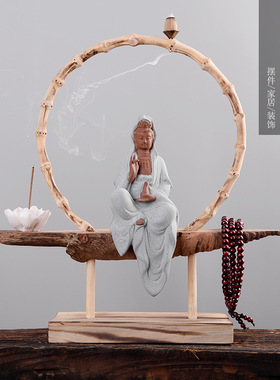 中式禅意观音菩萨佛像摆件创意倒流香炉家居客厅供奉玄关装饰工艺