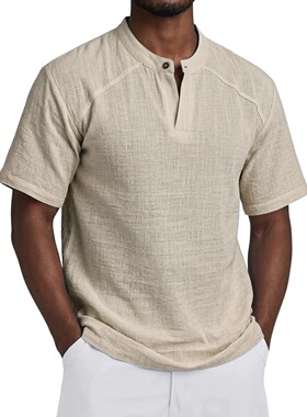2026新款男夏美式休闲亨利衫纯色百搭老钱风短袖衬衣Men's shirt