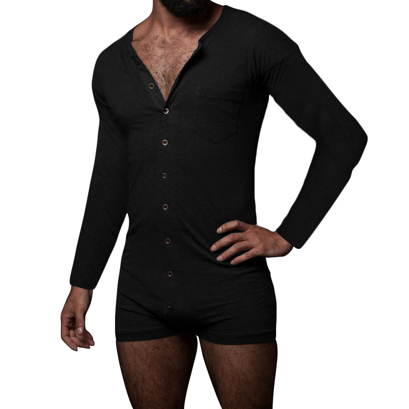 Men long sleeved bodysuit欧美男装纯色性感开衫短裤紧身连体衣 - 图1