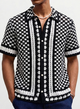 2026夏季老钱风休闲短袖polo衫男大码拼色钩花衬衣潮Men's shirt