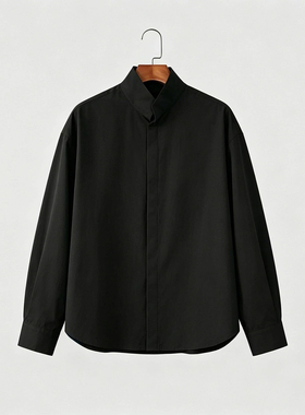 Men's shirt2026秋欧美男士黑色立领长袖衬衣男宽松休闲垂感衬衫