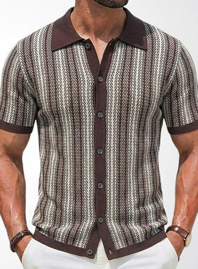 2026夏季欧美条纹拼色针织T恤男修身短袖开衫polo衫Men's T-shirt