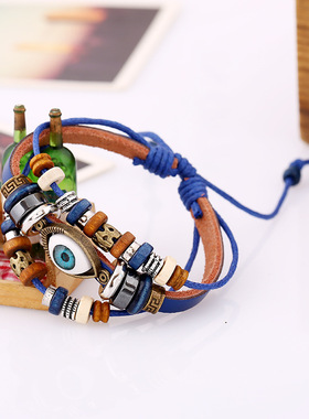 Men's Bracelet Beaded Vintage Ethnic Style Leather Bracelet