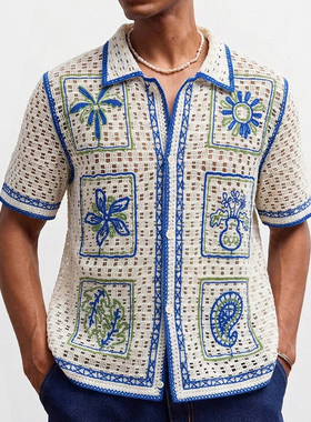 2026夏季美式复古镂空钩花短袖衬衣男度假开衫polo衫Men's shirt