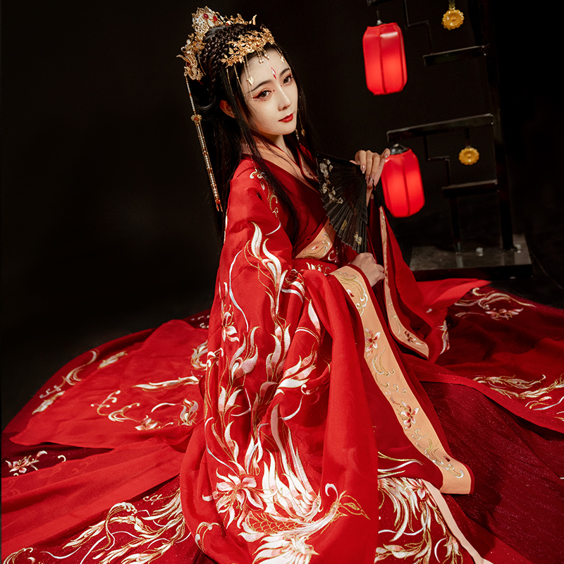 【如梦霓裳x神都夜行录】联名款九凤汉服大袖交领襦裙刺绣红花嫁_虎窝淘