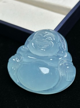 佛公吊坠冰种蓝色弥勒佛玉坠项链石英岩玉石挂件妈妈礼物笑佛