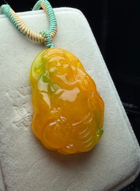 缅甸翡翠老坑冰糯种黄翡财神爷飘绿吊坠挂件男女款玉石挂件