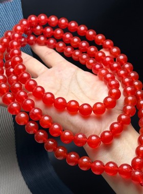 缅甸翡翠冰种红翡玉项链108颗佛珠 玉石冰红色长款链子项链