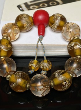 回流明清琉璃凤尾纹回流黄琉璃凤尾手链花纹琉璃念珠把件配饰手串